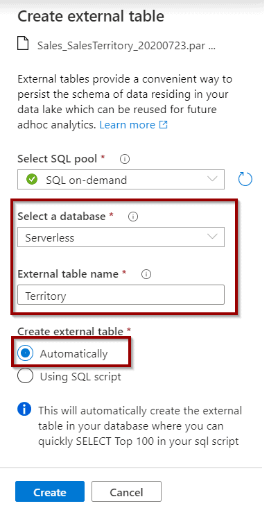 Create external table SQL on demand