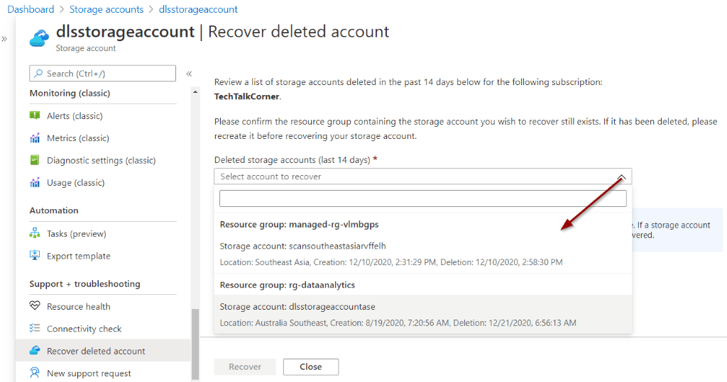 Select an account to recover