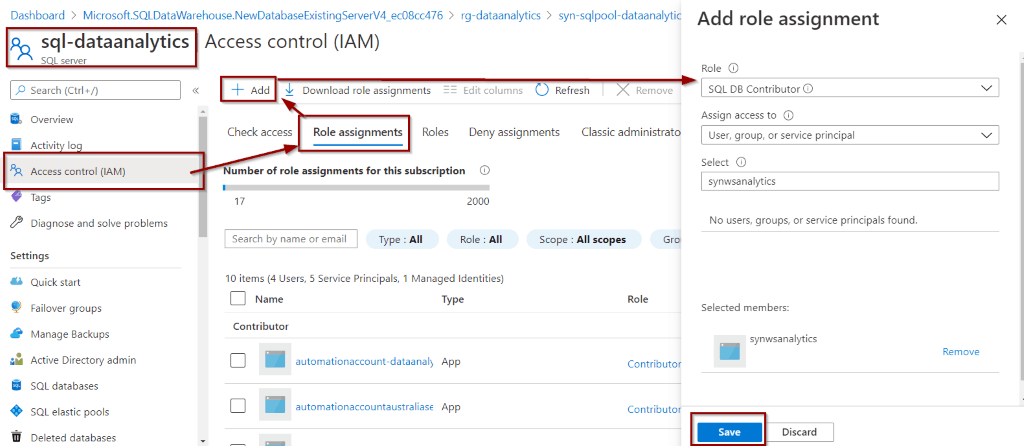Give access control to Azure Synapse Analytics SQL Pools