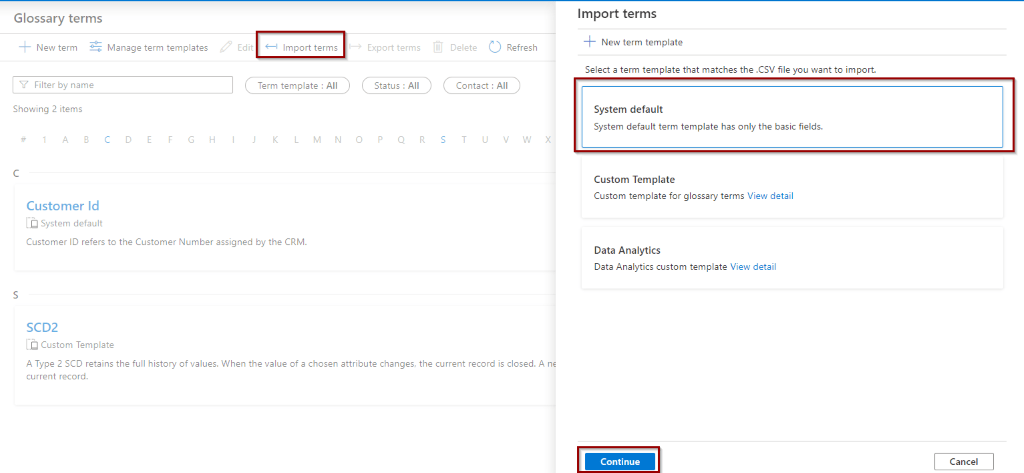 Import terms in Azure Purview