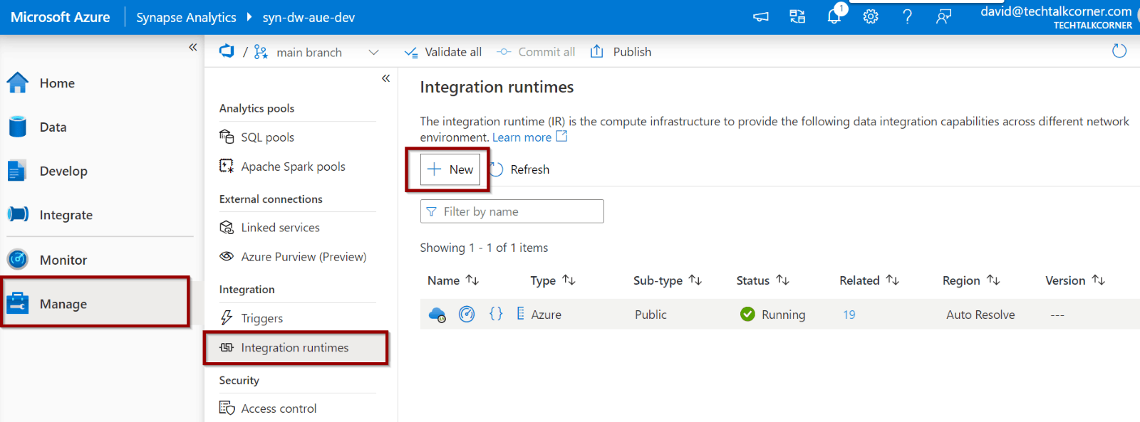 go to the Manage Hub. Then go to integration runtimes and click “new.”