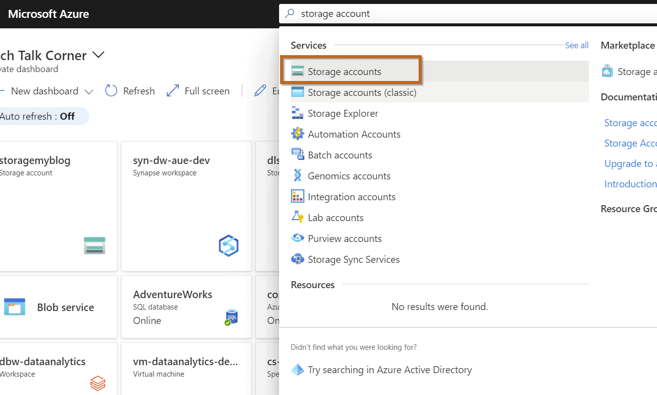 find the “Storage accounts” service in your Azure Portal
